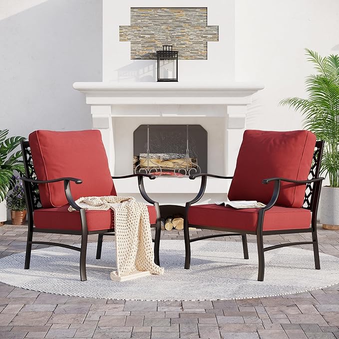 Metal Patio Chair Set of 2 with 5.75" Extra Thick Cushion, 2 Pieces High Back Outdoor Patio Chairs All Weather Outdoor Furniture Seating for Deck Backyard Balcony Front Porch, Rust Red