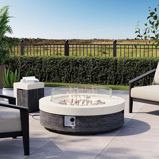 COSIEST 42" Outdoor Propane Fire Pit Table w Tank Cover & Wind Guard, Round Gas Fire Pit Table with Concrete & Wood Grain Design, 50000BTU Fire Tables for Patio, Backyard, Garden