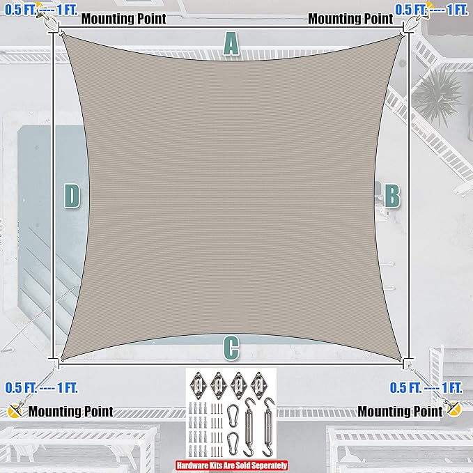 Amgo Custom Size 12' x 15' Grey Rectangle Square Sun Shade Sail UPF50+ AGTAPR1620, Order to Make Canopy Awning, 95% UV Blockage, Water & Air Permeable, Commercial and Residential (We Customize)