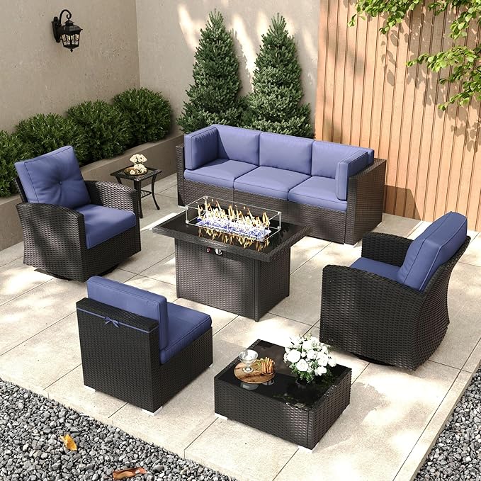Patio Furniture Set with Fire Pit Table, 9 Pieces Outdoor All-Weather Wicker Conversation Sectional Chair Sofa Set with 2 Swivel Chairs