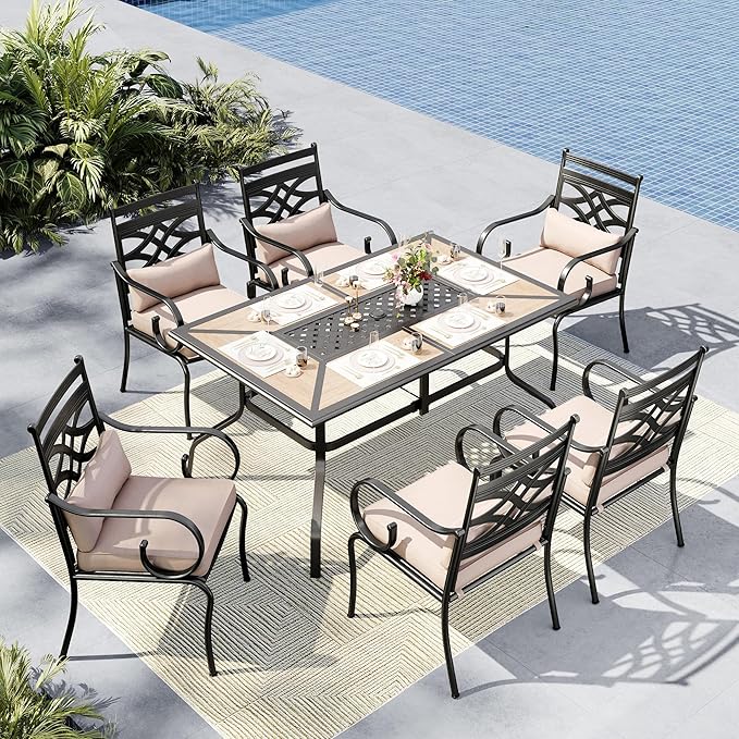 MFSTUDIO Patio Dining Sets for 6, Patio Table and Chairs Set with Umbrella Hole, Outdoor Dining Set for 6 with Cushioned Chairs, 7 Piece Outdoor Patio Furniture Set for Deck Backyard Garden