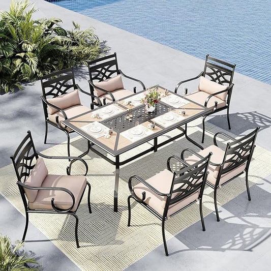 MFSTUDIO Patio Dining Sets for 6, Patio Table and Chairs Set with Umbrella Hole, Outdoor Dining Set for 6 with Cushioned Chairs, 7 Piece Outdoor Patio Furniture Set for Deck Backyard Garden