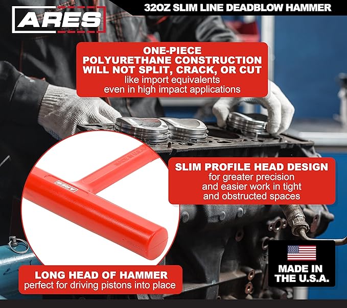 ARES 23052 – 32oz Slim Line Deadblow Hammer – Heavy Head Delivers Powerful Striking Force – Slim Profile Head Design for Greater Impact Accuracy – Long Head Hammer for Driving Pistons - Made in USA