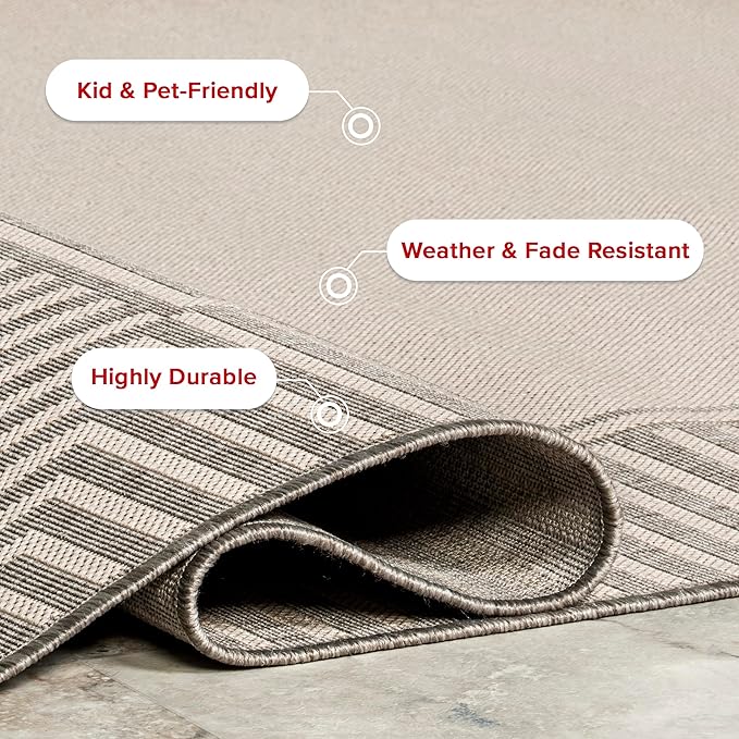 nuLOOM 2' x 8' Outdoor Area Rug, Casual Design with Striped Border, Stain Resistant, Highly Durable, for Patio, Balcony, Bedroom, Living Room, Dining Room, Bathroom, Light Grey
