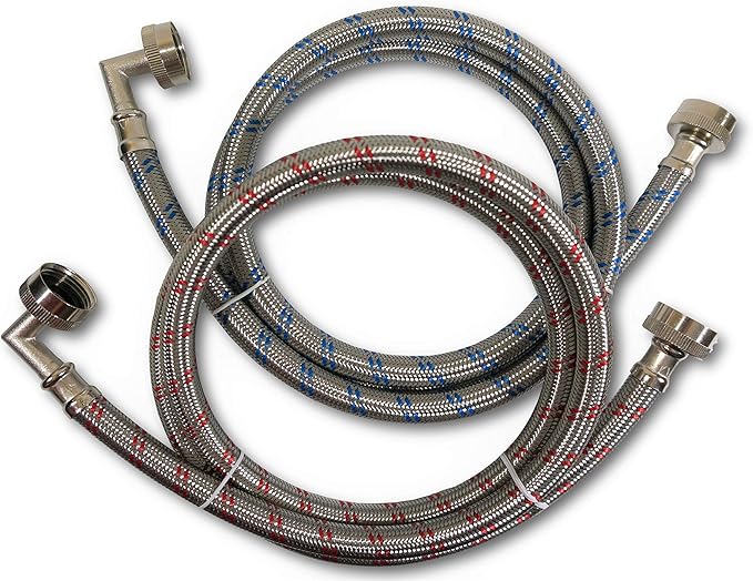 Premium Stainless Steel Washing Machine Hoses with 90 Degree Elbow, 12 Ft Burst Proof (2 Pack) Red and Blue Striped Water Connection Inlet Supply Lines