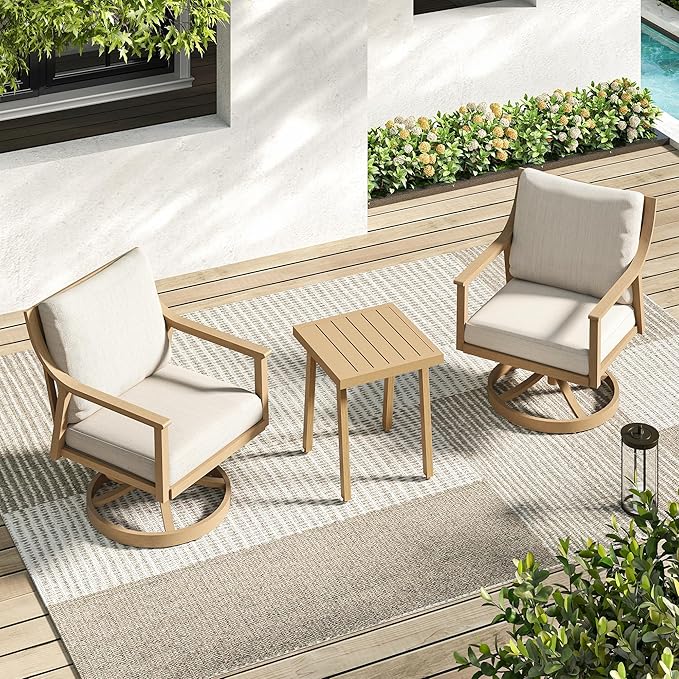 3-Piece Patio Conversation Bistro Sets, Outdoor Aluminum Bistro Sets with Thick Cushion, Modern Side Table and Swivel Chairs Set of 2, Rustproof and Waterproof for Porch Deck Garden, Beige