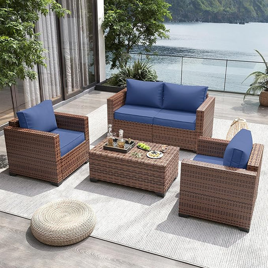 UDPATIO 4 Pieces Balcony Furniture, Outdoor Patio Furniture with Storage Coffee Table, Oversized Armrest Wicker Patio Set with Blue Cushions for Backyard Porch Garden Poolside