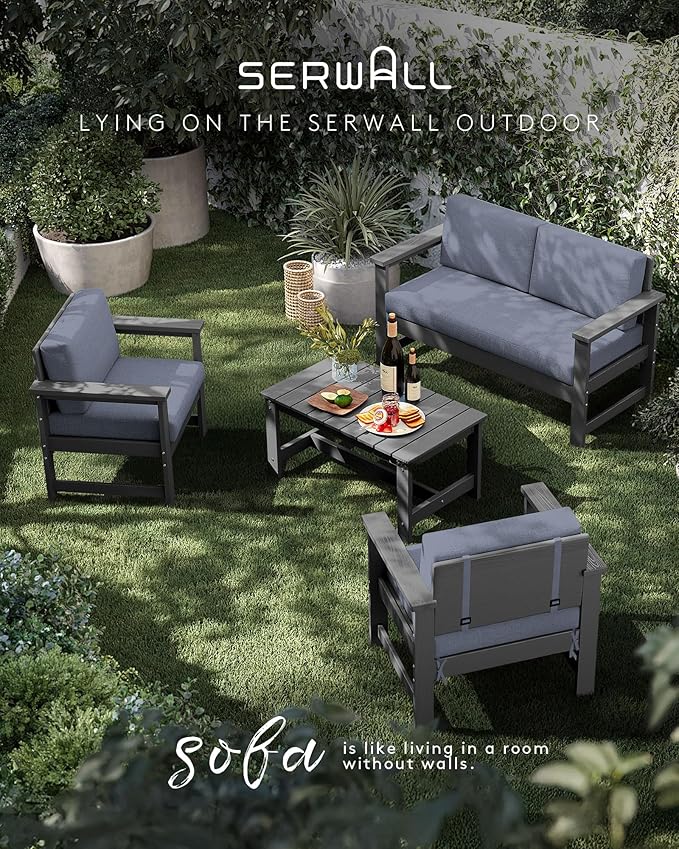 SERWALL 3 Pieces HDPE Outdoor Sofa Bistro Set with Cushions, Outdoor Furniture Sofa Sets with Coffee Table and Cushions, All Weather Conversation Social Set, Grey Frame and Grey Cushion