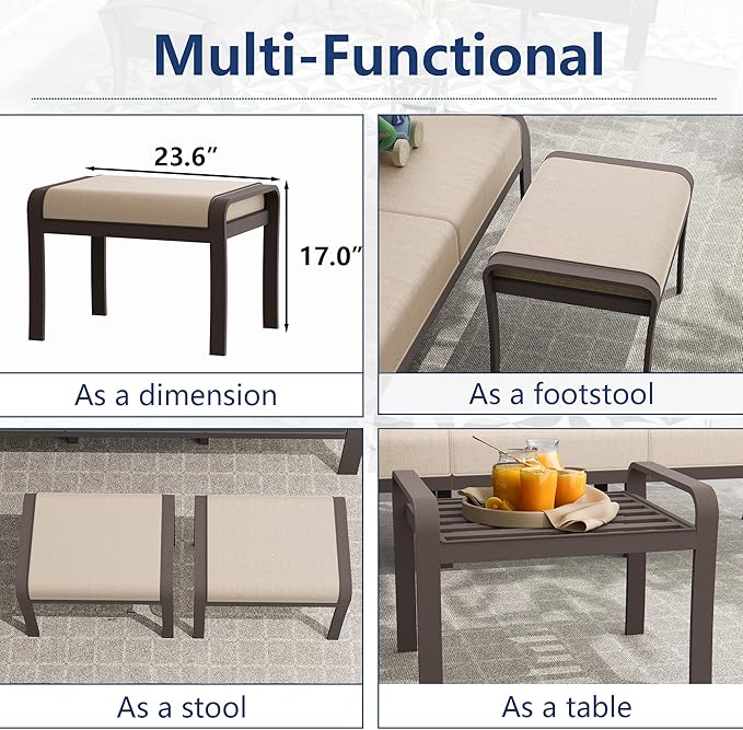 10-seat Aluminum Patio Furniture Set with Fire Pit Table, L-Shaped Sectional Sofa with 5.1" Cushions, High Backrest & 2 Footstools, Durable Outdoor patio Furniture Set, Backyard, Poolside - Sand