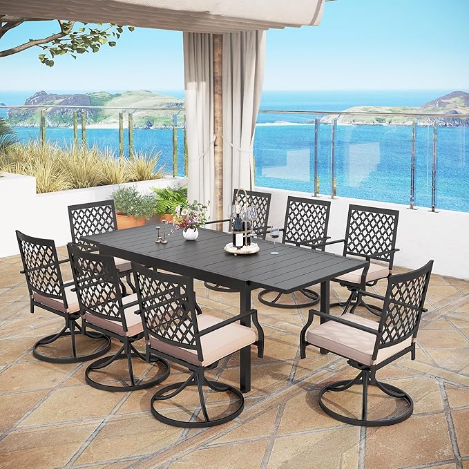 MFSTUDIO Patio Table and Chairs Set, Patio Dining Set for 8 Persons, 9 Piece Outdoor Dining Set with Expandable Table, Metal Outdoor Patio Furniture Set for Deck Backyard Poolside Garden