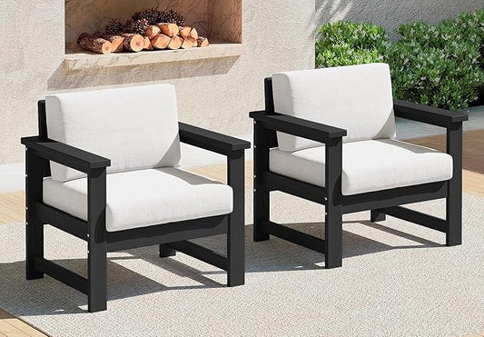 SERWALL 2 Pieces Single Cushioned Sofa Armchair, Black HDPE Adirondack Outdoor Sofa Lounge with Khaki Cushion