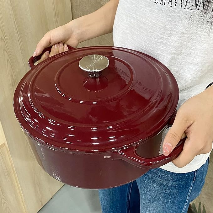 Commercial Grade, Cast Iron Enameled Cookware (Dark Red, Duch Oven 9qt)