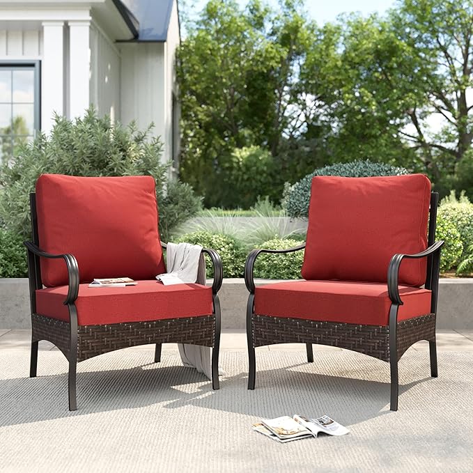 PHI VILLA Patio Chairs Set of 2, Outdoor Wicker Chairs with Thick Cushion, All Weather High Back Outdoor Furniture for Balcony Porch and Yard