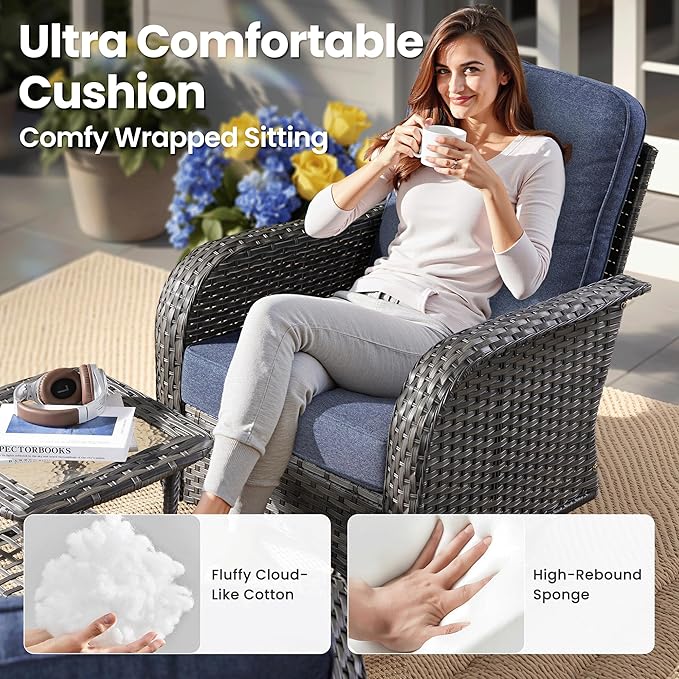 ovios 7 Pieces Patio Furniture Set, Outdoor Wicker Sofa with Swivel Chairs, Coffee Table, All Weather High Back Rattan Loveseat Couch with Comfy Cushions, Denim Blue