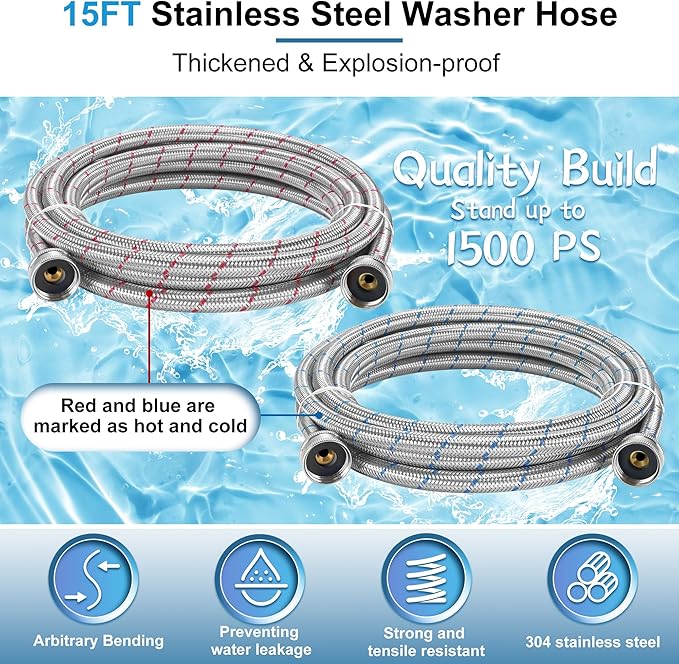 15FT Long Stainless Steel Washing Machine Hoses for Hot and Cold Water Supply Hoses with 3/4'' Standard NPT Connections Burst-proof No-leak Washing Machine Hoses 2 Pack by Fetechmate