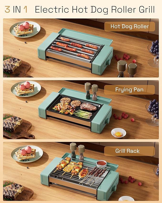 HBN 3-in-1 Hot Dog Roller Grill Machine with Nonstick Plate & Grill Rack, 800W Compact Indoor Electric Sausage Griller for Kitchen, Home, Small Space Use (Cyan)