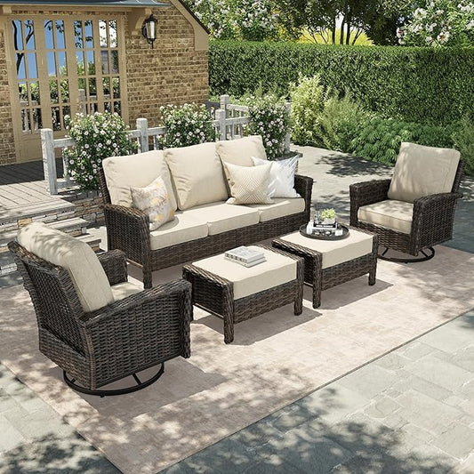 HERA'S HOUSE Patio Furniture Set with Swivel Chairs, High Back Outdoor Wicker Furniture with 5.5" Thick Cushions, Outside Conversation Sofa Sets for Backyard Deck Lawn, Beige