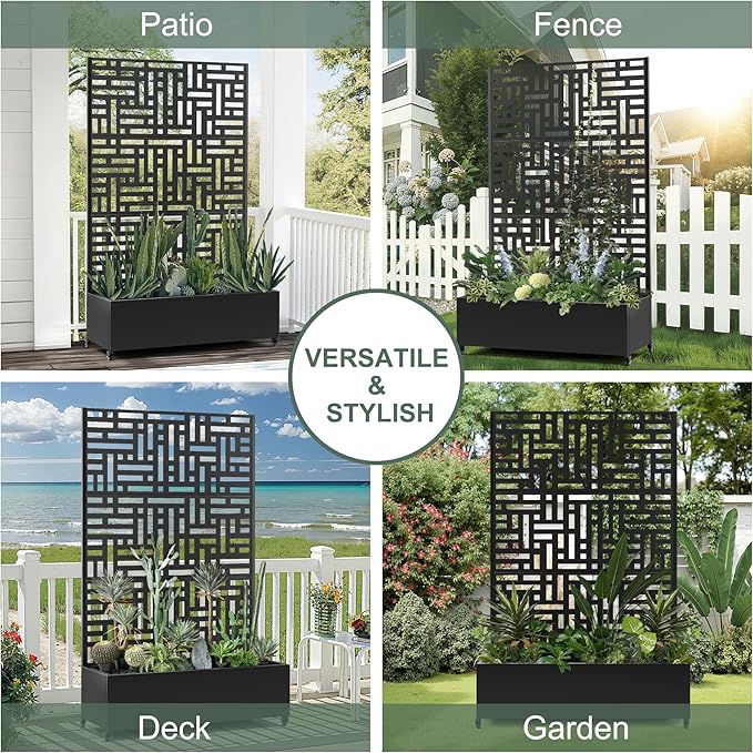Large Raised Garden Beds with Trellis & Wheels, Metal Planter Box with Privacy Screen for Climbing Plants Vegetables, Fruits, 47"L Garden Boxes Outdoor with Drainage Holes (Black Street)