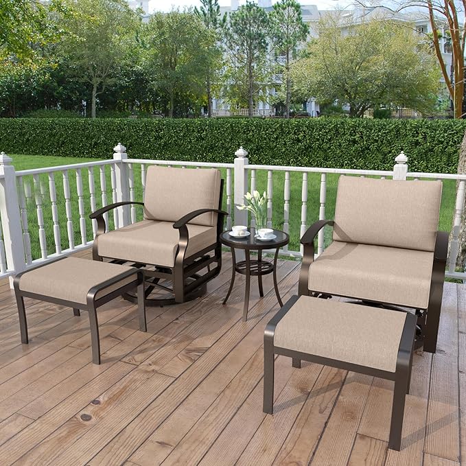 Kurapika 5 Pieces Patio Furniture Set, Outdoor Aluminum Swivel Gliders Rocker, Patio Bistro Set Rocking Chair with Tempered Glass Side Table and Thickened Cushions(Sand)