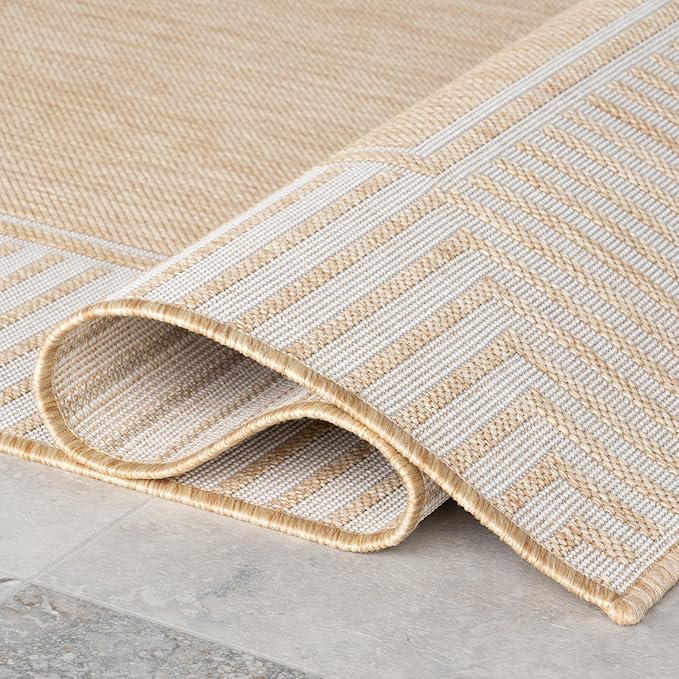 nuLOOM 10x14 Outdoor/Indoor Asha Area Rug, Tan, Casual Design with Striped Border, Stain Resistant, Highly Durable, for Patio, Balcony, Bedroom, Living Room, Dining Room, Bathroom