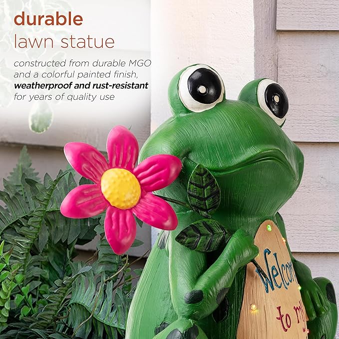 Alpine Corporation 18" Tall Outdoor Frog with Color Changing LED Lights and Welcome Sign Yard Statue