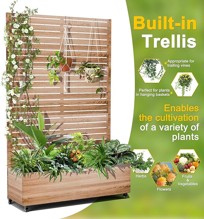 FENCY Metal Raised Garden Bed with Wheels and Trellis,73"x47"x16" Planter Box for Climbing Plants, Vegetables & Vines, Features Privacy Screen and Drainage Holes (Natural Wood Color)