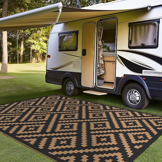 GENIMO 9'x12' Outdoor Rug Waterproof for Patio Decor, Reversible Plastic Straw Rug Carpet, Camping Mats for Outdoor, RV, Backyard, Deck, Balcony, Picnic, Light Black & Brown