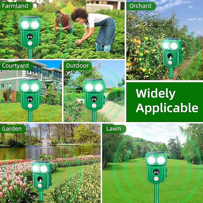 2 Pack Solar Animal Repeller Ultrasonic Deer Repellent Devices Cat Repellent Outdoor to Keep Cats Away Squirrel Skunk Dog Raccoon Coyote Fox Deterrent with Motion Sensor & Light for Farm Garden Yard