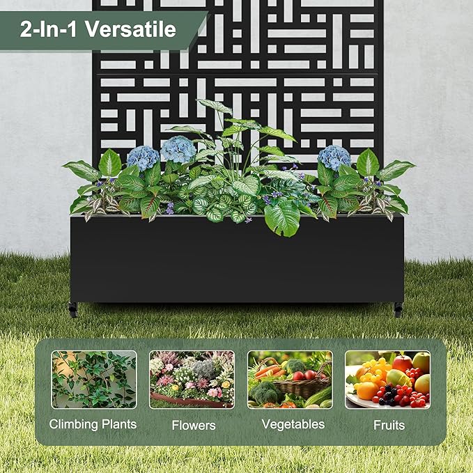 Large Raised Garden Beds with Trellis & Wheels, Metal Planter Box with Privacy Screen for Climbing Plants Vegetables, Fruits, 47"L Garden Boxes Outdoor with Drainage Holes (Black Street)