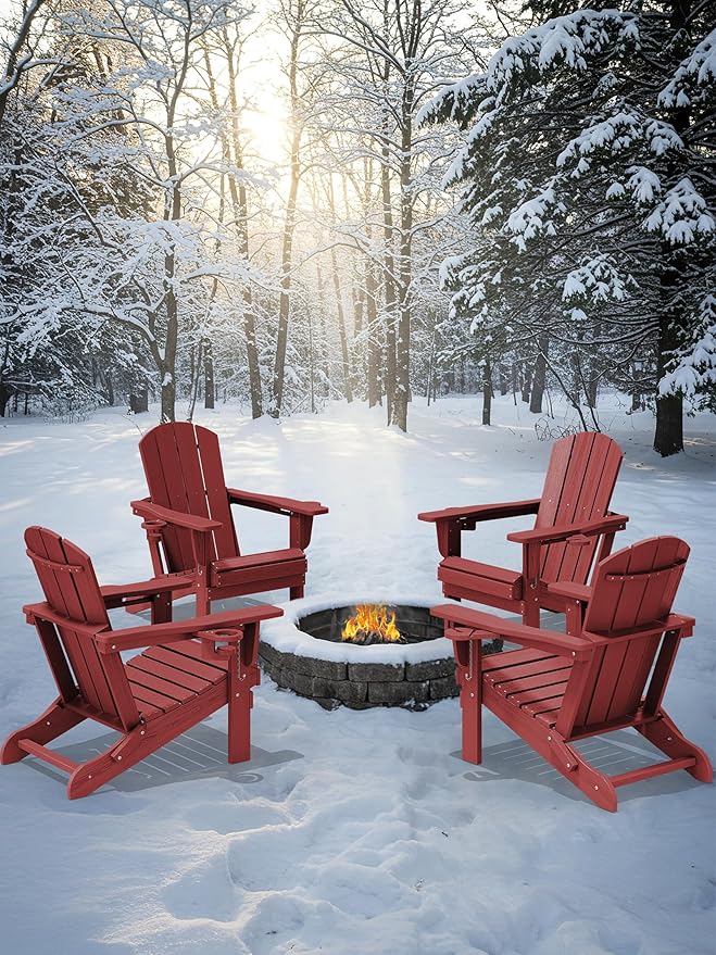 KINGYES Folding Adirondack Chair Set of 6, Dual Cup Holders & All-Weather HDPE, Wood-Like Patio Chair for Backyard, Camping, Pool & Fire Pit, Dark Red
