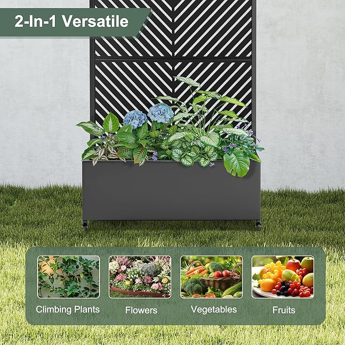 Metal Raised Garden Beds Outdoor with Trellis & Wheels, Planters Box with Privacy Screen, Drainage Holes for Vegetables, Flowers (35" L×16" W×71" H, Black Parallel)