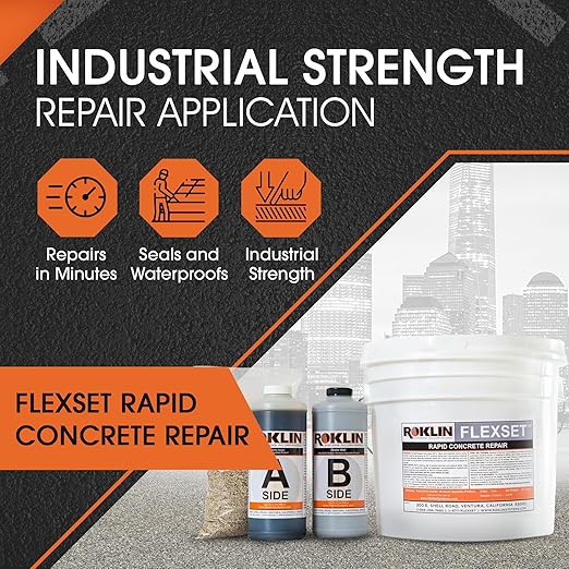 Roklin Systems Inc. FlexSet Rapid Concrete Repair Kit - Self-Leveling Epoxy Cement for Driveways, Foundations, Large Cracks, and Outdoor Repairs - Gray (3 Gallon)