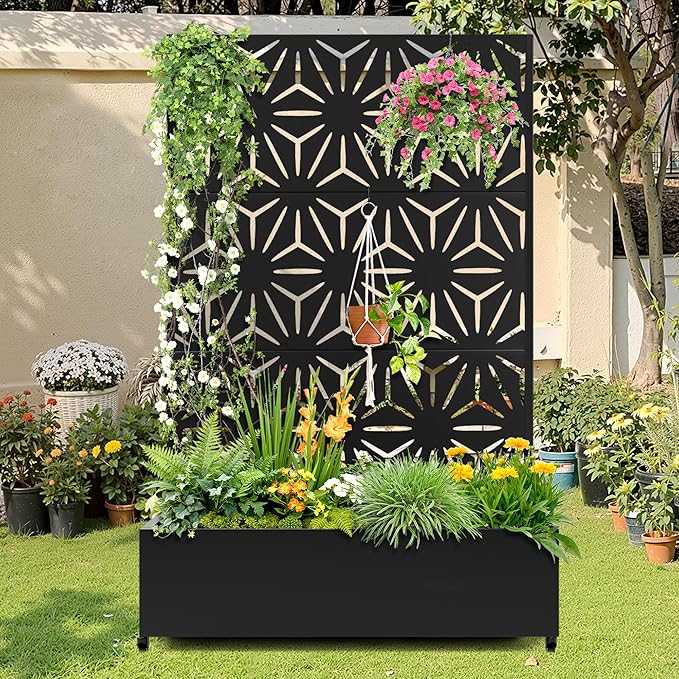 Metal Raised Garden Bed with Trellis, 2 in 1 Trellis with Planter Box & Privacy Screen for Climbing Plants, Vine, Outdoor Standing Flower Beds with Drainage Holes,47.2"L x 16.7"W x 70.8"H,(Black-Star)