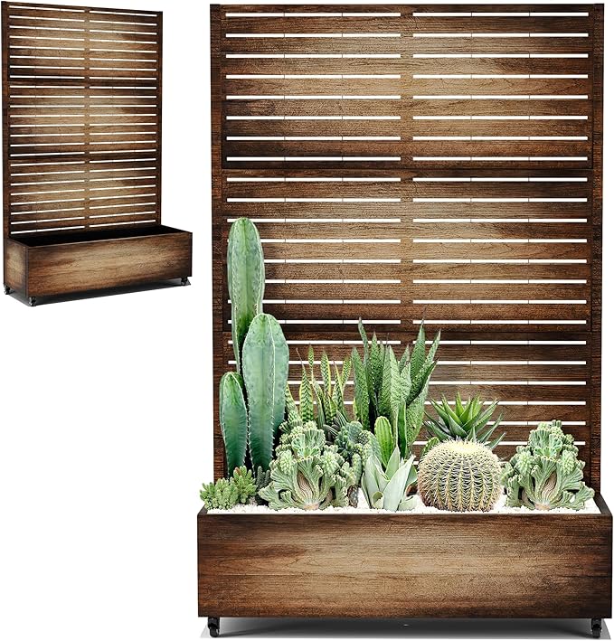 Metal Planter Box with Privacy Screen, Trellis with Planter Box for Climbing Plants, Standing Flower Bed with Wheels & Drainage Holes (47" L, Retro Brown Wood Grain)