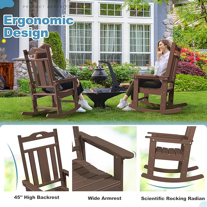 nalone Outdoor Rocking Chair, Oversized Porch Rocker Chair for Adult, All-Weather Resistant Patio Rocking Chair for Garden Lawn (Brown)