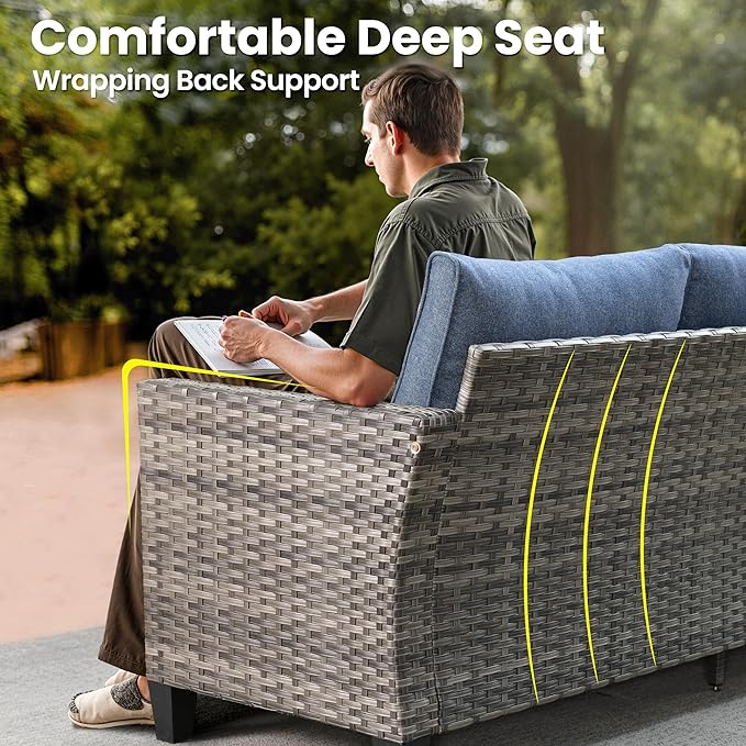 ovios 7 Pieces Patio Furniture Set, Outdoor Wicker Sofa Couch with Rocking Swivel Chairs Fire Pit Table, Modern Deep Seat Rattan Conversation Sets for Porch Deck, Denim Blue