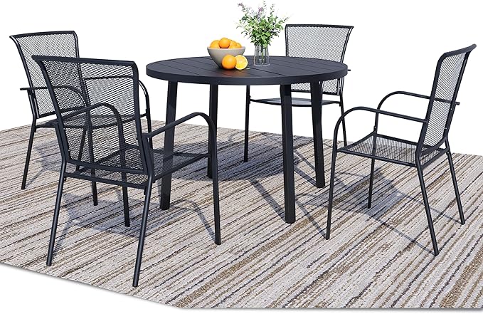 5 Piece Outdoor Dining Set, Patio Dining Set for 4, 42" Black Round Table with 4 All Weather Mesh Outdoor Dining Chairs for Lawn, Garden, Porch