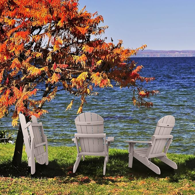 Folding Adirondack Chairs Set of 4, All Weather Resistant Plastic Chairs with Cup Holder, Fold or Unfold Easily in 1 Second, Outdoor Chairs for Patio, Garden, Backyard Deck, Lawn Fire Pit(Grey)