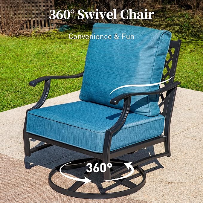 Metal Outdoor Swivel Patio Chairs Set of 2 with 5.75" Extra Thick Cushion, 2 Piece High Back Swivel Rocker Patio Chairs Outdoor Furniture Seating for Deck Balcony Front Porch, Blue-2