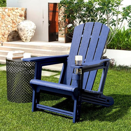 Modern Adirondack Chair, HDPE Plastic Adirondack Chairs, Plastic Outdoor Lawn Chairs for Fire Pit, Deck, Porch, Backyard, Garden, Navy Blue