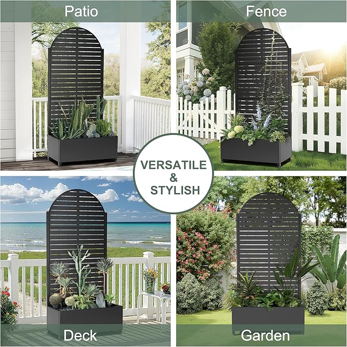 Metal Trellis with Planter Box for Climbing Plants Vegetables, Raised Garden Beds with Privacy Screen & Wheels, Standing Flower Box with Drainage Holes (35" L, Black Arch)
