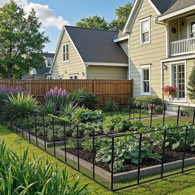 SunsGrove Garden Fence with Gate, 24 in(H) x 44.5 ft(L) 24 Panels Heavy Duty Metal Animal Barrier Fence for Yard, Suitable for Indoor or Outdoor Dog Pet Fence, Garden Fence Border, Black