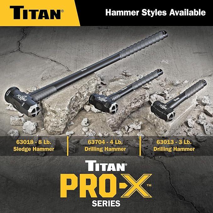 Titan Pro-X 63013 3lb Drilling Hammer, Dual-Face Sledge with Cross-Pattern Face for Concentrated Power & Flat Face for Stake Driving, Overstrike Protection, 12" Fiberglass Handle with Textured Grip