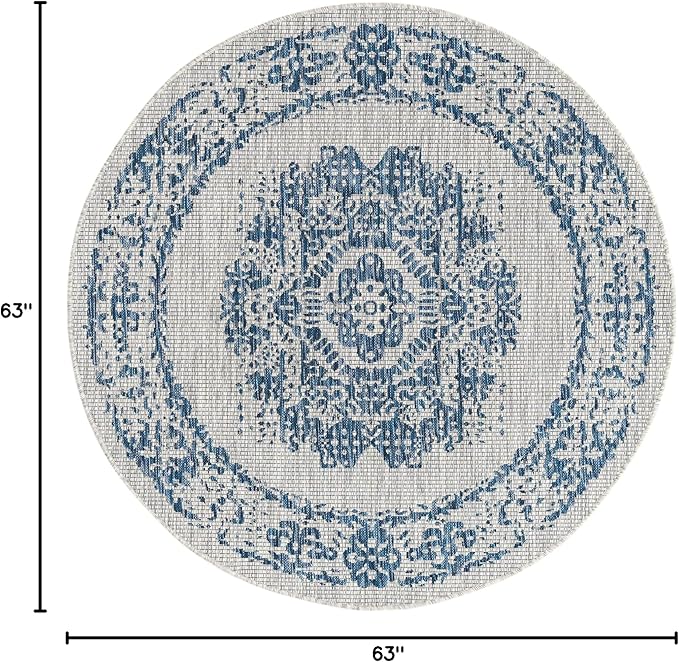 Unique Loom Outdoor Traditional Collection Area Rug - Timeworn (5' 3" Round, Blue/ Gray)