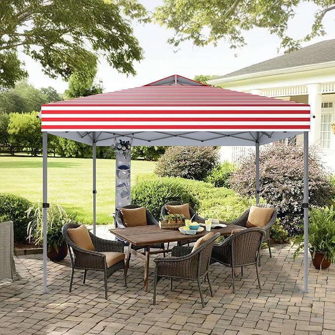 MFSTUDIO Pop Up Canopy Tent, 10x10 Outdoor Canopies One Person Push Set Up Tent Instant Portable Shelter Tents with Vented Top, Storage, 4 Sandbags, Beach Canopy, Red Stripe