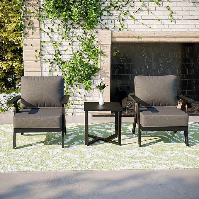 COOS BAY Iron Luxe Modern 3 Piece Outdoor Bistro Set, Patio Chairs and Side Table, Outdoor Seating Set for Balcony, Deck, Porch, or Garden, Black/Gray