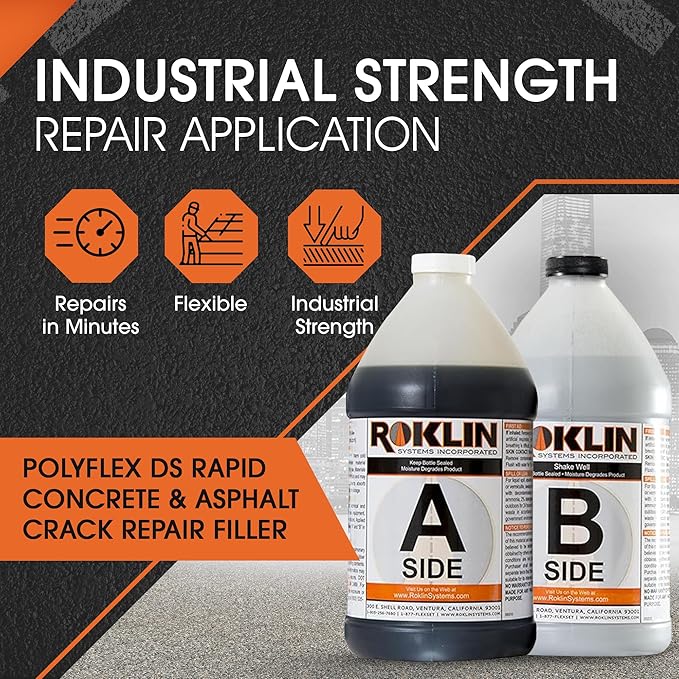 Roklin Systems, Inc. - PolyFlex DS Concrete Crack Filler, Quick-Drying Asphalt Crack Sealer, Floor/Wall Repair Patch Kit Essential, 3 gallons (1 ½ gallons x 2 - Side A & B), Gray