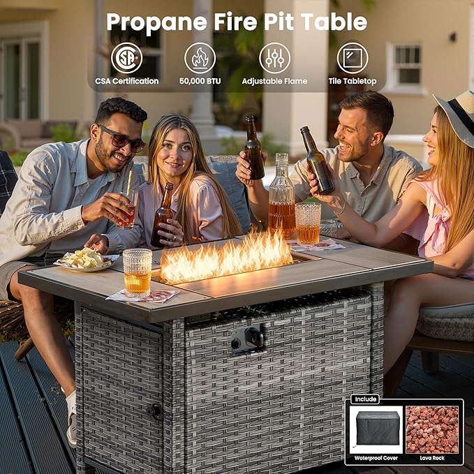 ovios 7-Pieces Patio Furniture Set with 42 Inch Fire Pit Table Swivel Chairs, Outdoor Wicker Sofa Couch Gliders Rocker, High Back Modern Conversation Set, Grey Rattan, Denim Blue