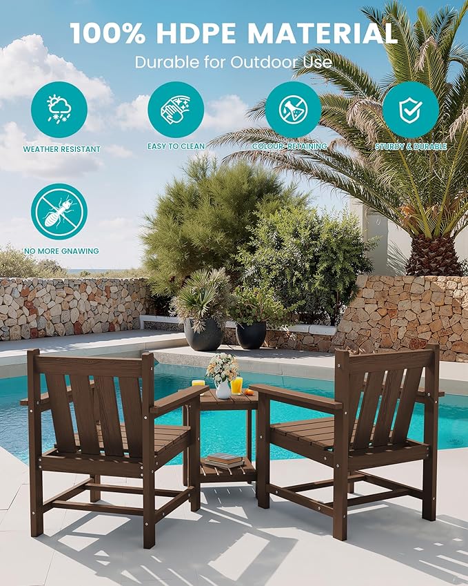 SERWALL 3 Pieces Patio Bistro Set, All Weather Adirondack Chair Set with Side Table, HDPE Material Outdoor Patio Furniture Set for Balcony, Porch, Garden, Backyard- Brown