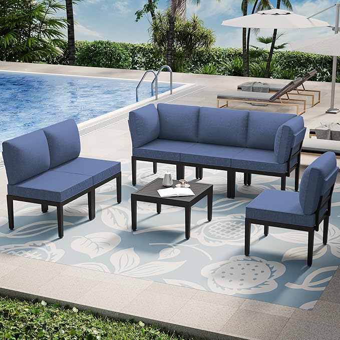 Patio Furniture Set,7 Pieces Modern Outdoor Conversation Set, Outdoor Metal Sectional Sofa with Thick Cushion and Coffee Table.
